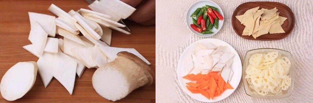 藕遇双椒,剩下的食材料理好,杏鲍菇、胡萝卜、卜页切菱形,美人椒切斜段