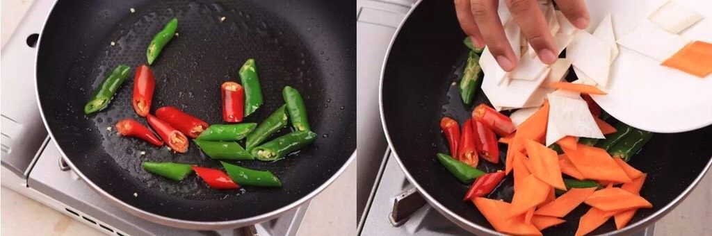 藕遇双椒,热锅倒油烧热,加入辣椒爆香;煎香杏鲍菇和胡萝卜