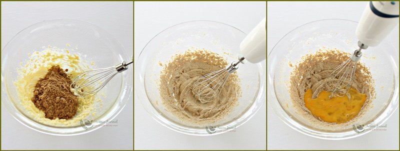 燕麦饼干,在另一个碗里放入软牛油 ，搅拌松软牛油后，放入原蔗黑糖和，盐搅拌至牛油变白。倒入鸡蛋液，拌匀。