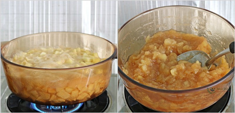 自制苹果果酱,用大火煮约10分钟。再用中火继续煮20分钟至苹果变透明及软,水分减半至浓稠。期间要不时的翻动以免底部烧焦。