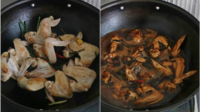 可乐鸡翅,锅里烧热加油，暴香姜，辣椒和葱段。然后倒入鸡翅煎至两面泛黄。
