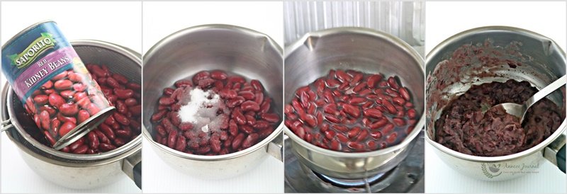 抹茶蛋糕卷,馅料 – 将400克芸豆罐头，细砂糖和水放入小锅中，用中火煮沸，然后转入小火焖煮5分钟至芸豆变软。用汤匙或刮刀把芸豆压烂成泥或喜欢的话可以用打碎器搅滑，备用。
