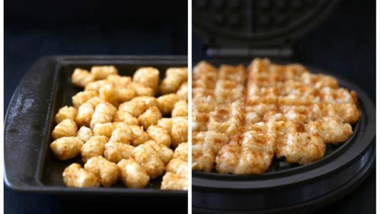 炸鸡华夫饼泥配蜂蜜,打开土豆泥 ，放在烤盘上解冻30分钟，或直到部分解冻