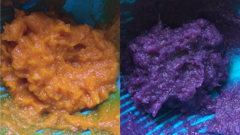 双色渐变溶豆,南瓜和紫薯分别去皮切块蒸熟,我用的研磨碗少量加水压泥,也可以料理机打泥,随意都可以。