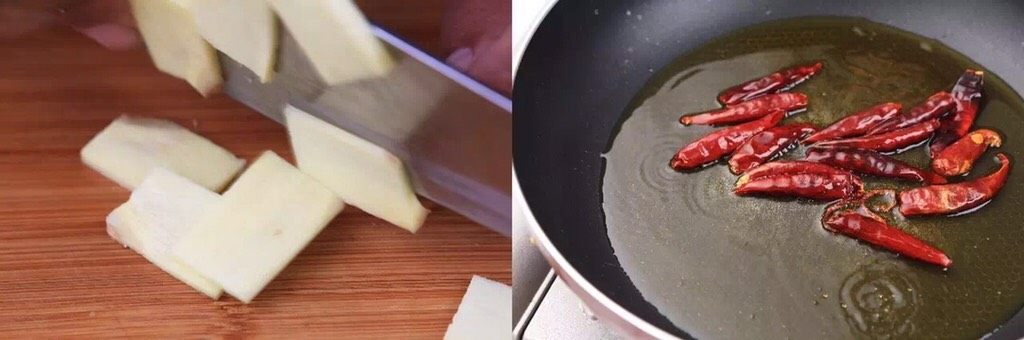 负责任的告诉你,饿的时候看这锅菜能一口气吃2碗饭!?
水煮鲜蔬,生姜切片,所有食材料理完成待用;热锅后倒入菜籽油,加入干辣椒