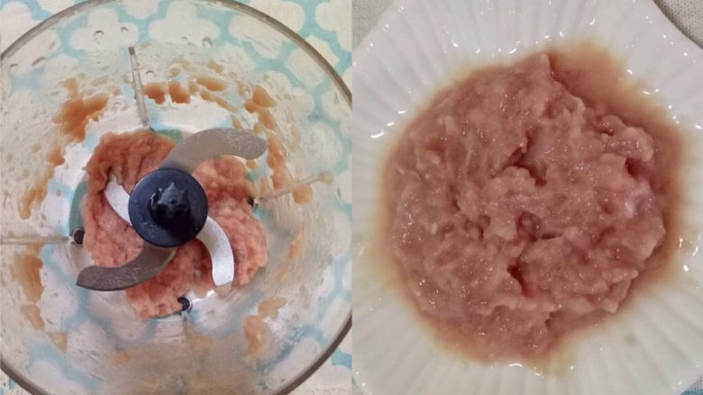 打卤蝴蝶面 宝宝辅食10M+,瘦肉切成小块,放入料理机中打成细腻的肉泥状,加适量水搅拌均匀