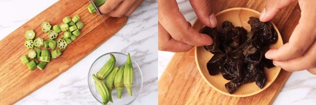 这盘菜可以吃好久,因为如果想减肥..,秋葵用盐搓洗,去除表面的细绒毛,用清水冲洗干净,切成小段。木耳撕成小朵