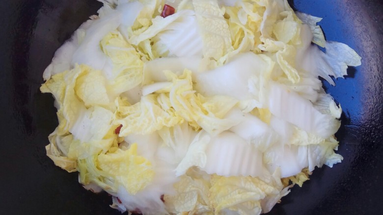 素菜也疯狂~醋溜白菜,锅里入油,先放入辣椒油炒香,再倒入切好的大白菜