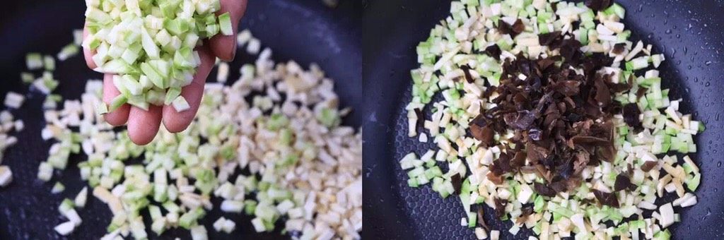 天上掉馅饼了,开不开心!?;),继续下入西葫芦和木耳,翻炒均匀