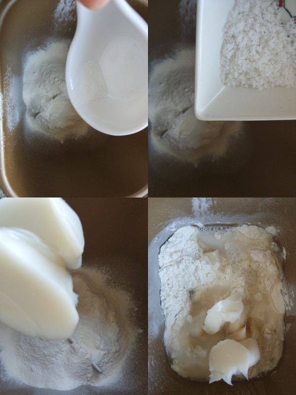 猪肉黄油版红豆蛋黄酥,制作油皮:依次将细砂糖、盐、温水、猪油加入面粉中【我懒了哈哈,用的是面包机揉的面】