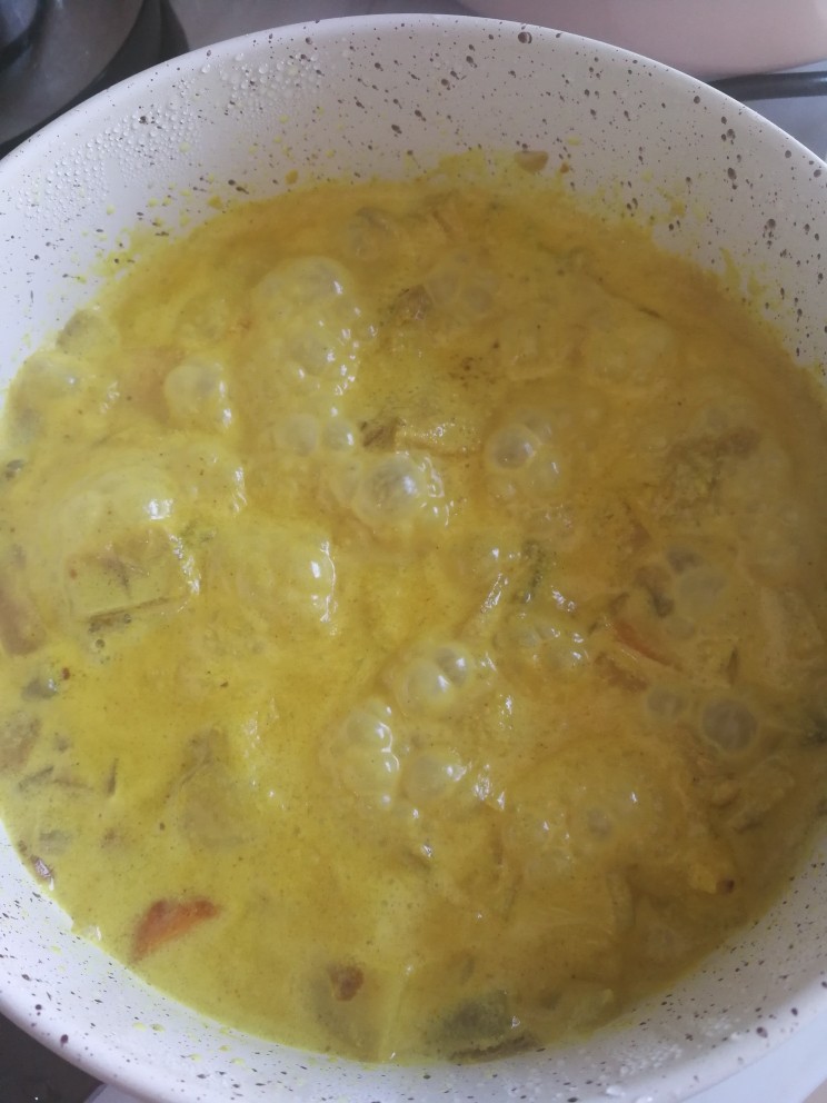 时蔬鸡肉咖喱饭,小火炖五分钟,等咖喱汁浓稠了就可以关火了。根据个人口味加适量食盐。