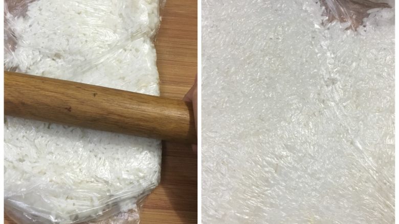 红薯米饭煎饼,将熟米饭装进保鲜袋,用擀面杖将米饭均匀擀压碎。