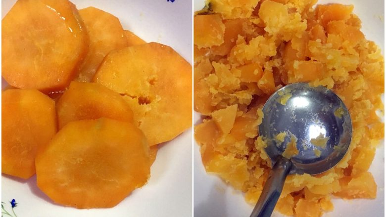 红薯米饭煎饼,红薯蒸熟拿出装碗,接着压成泥状