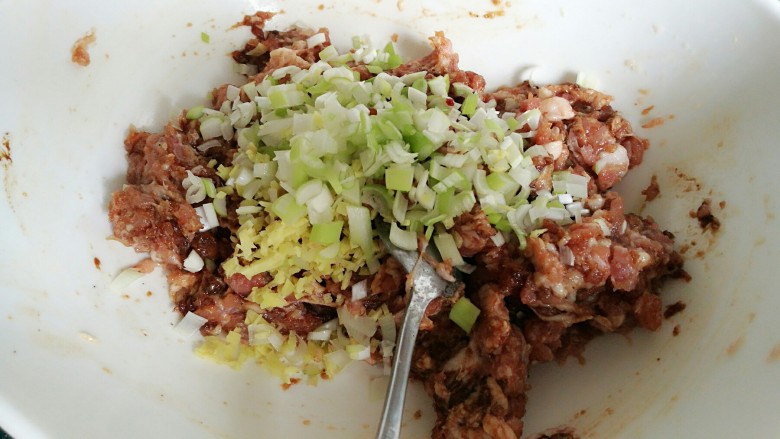 石蛤蟆水饺(博山水饺的包法),然后加入生抽、老抽、胡椒粉,再加入葱姜末拌匀。
