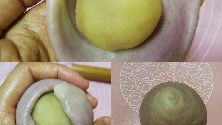 紫薯莲蓉蛋黄酥,依次包入事先准备好的莲蓉蛋黄馅,收口朝下放置