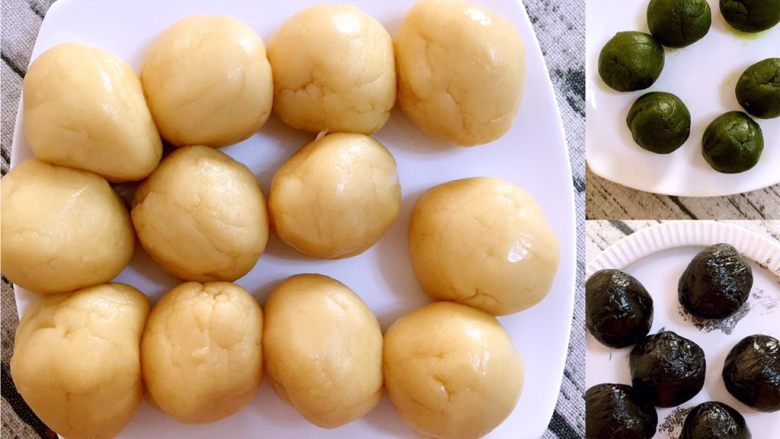 三色精品五仁月饼(含精品月饼馅),月饼皮也分好,盖保鲜膜待用,每个基本32克左右