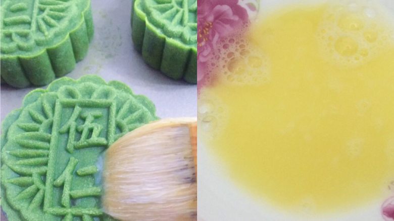 三色精品五仁月饼(含精品月饼馅),抹茶,竹炭月饼蛋液:2勺蛋清,1勺水,蛋黄可加可不加,我的加了特别少的全蛋液,抹茶,竹炭月饼刷蛋液只是为了让月饼表面有光泽,美观,切忌上色,所以可以不用加蛋黄,蛋清也要加点水稀释过的才好用