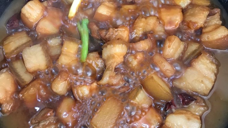 小宝麻麻家的红烧肉,最后加入葱段,收汁即可。我汤汁留的多一点,孩子喜欢拌饭吃