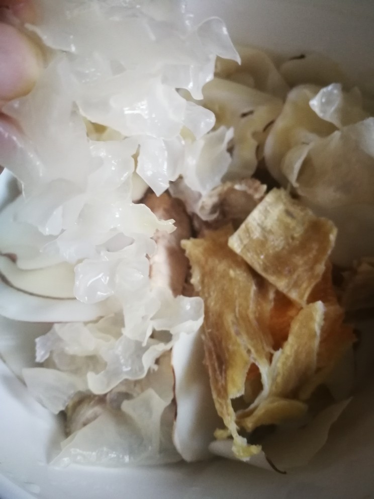 #一碗汤# 海底椰龙骨煲鳄鱼肉,加入泡发好的银耳。(银耳是我临时加入的,正好昨晚泡发好的,因为没有其他的配料,所以就地取材了,银耳也是润肺之物,所以完搭😝)