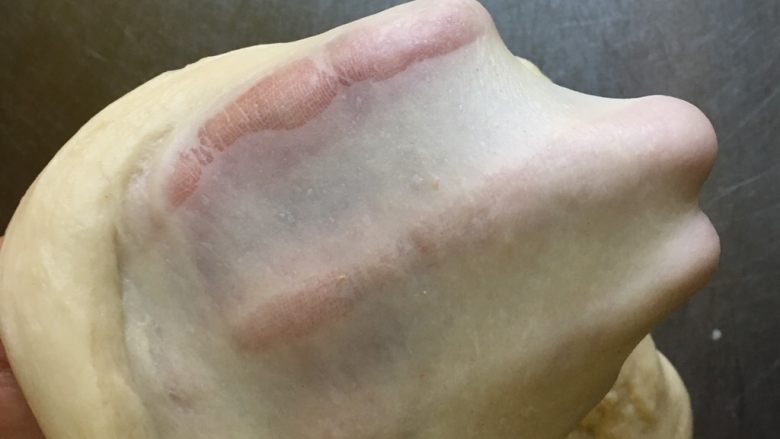蜜豆酸奶手撕小面包,加入黄油后再一次和面程序,然后取部分面团,转圈拉扯看面团状态,扩展状态就可以,有出膜,拉坏膜后孔洞呈锯齿状。