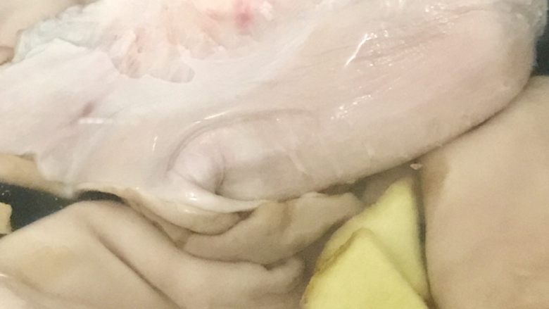 凉拌猪肚,准备一个锅子,放入洗净的猪肚,放入两片姜,放入少量陈酒,放入没过猪肚的冷水,大火煮沸,开锅盖再煮一分种左右,捞出清洗干净。
