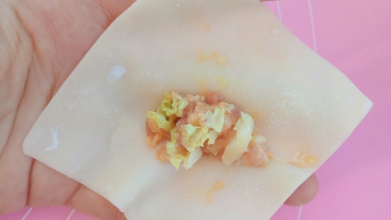 白菜猪肉小馄饨(内附馄饨四种详细包法),第二种包法,将肉馅放在馄饨皮中间