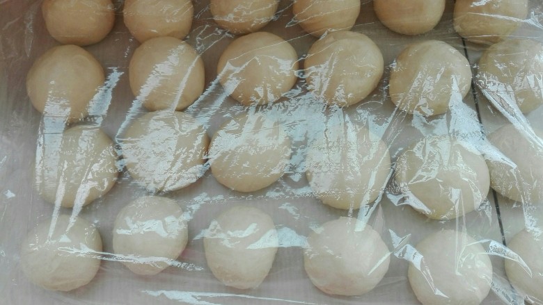 超软(夹馅)小餐包,发酵好的面团排气,等分24份,滚圆盖保鲜膜醒发15分钟