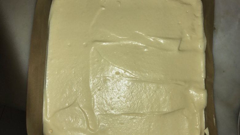 肉松紫菜蛋糕卷,将蛋糕糊倒入烤盘中,抹平。