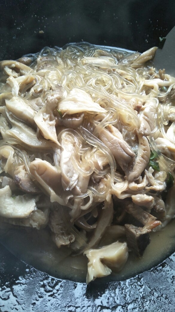 早餐+牛肉蘑菇炖粉条,汤汁收好了,就加入盐,关火
