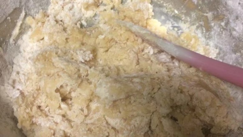 金秋玫瑰五仁月饼,翻拌成这样后用手把面团揉在一起就可以了,不用像蒸馒头似的揉很久