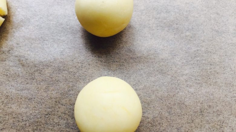 玛格丽特饼干,冷藏后的面团取出,取一小块揉成球状,用大拇指轻轻按压