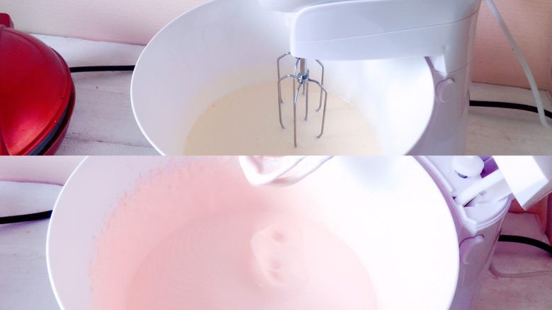 粉红少女心蛋糕,启动座式打蛋器,滴入1滴红色食用色素,打发<a style='color:red;display:inline-block;' href='/shicai/ 8197'>淡奶油</a>,