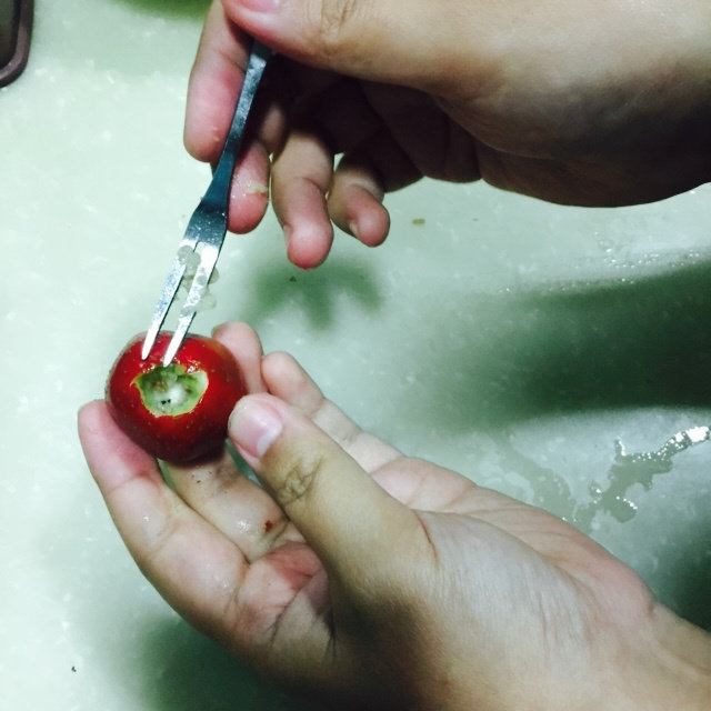 冰糖山楂,然后用这种吃<a style='color:red;display:inline-block;' href='/shicai/ 156925'>水</a>果用的小叉子 塞进去 把核挖出来