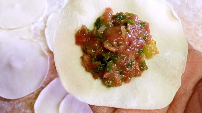牛肉青椒馅儿水饺,取一个面皮,放上馅料。
