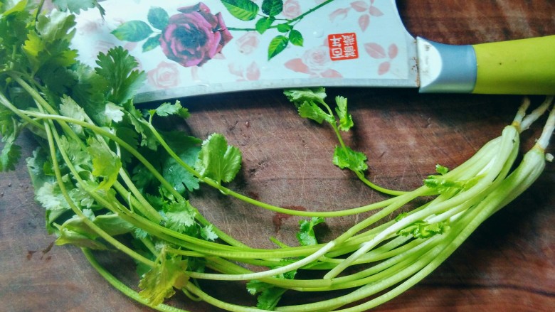 笋香猪蹄,将洗净的香菜,用熟食专用菜板、菜刀,切成香菜碎。