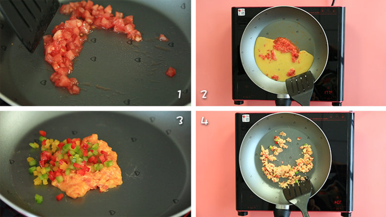 杂蔬鸡蛋挤挤面,平底锅刷油，放入番茄，翻炒出汁后倒入鸡蛋液，再加入彩椒粒翻炒。