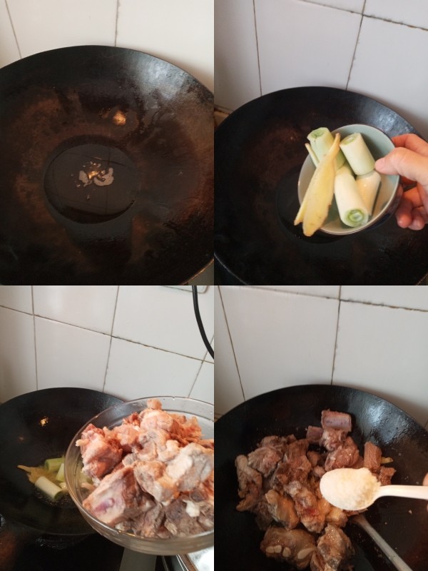 东北菜之排骨炖粉条,热油锅,放入葱姜爆香后倒入排骨,待肉皮收紧放入白<a style='color:red;display:inline-block;' href='/shicai/ 10588'>糖</a>一勺