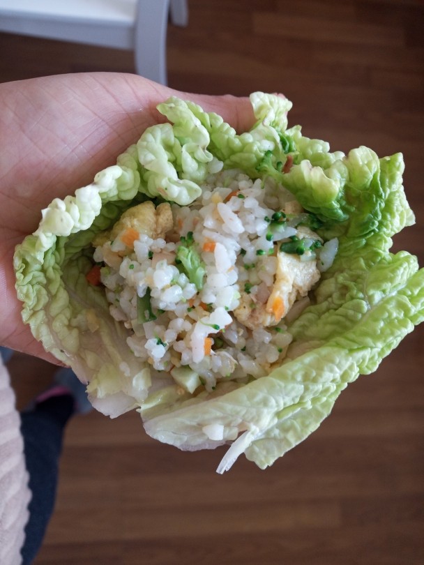 东北菜之儿童饭包,把放放在菜叶子上,用力握一下让饭更紧实,然后裹匀即可。