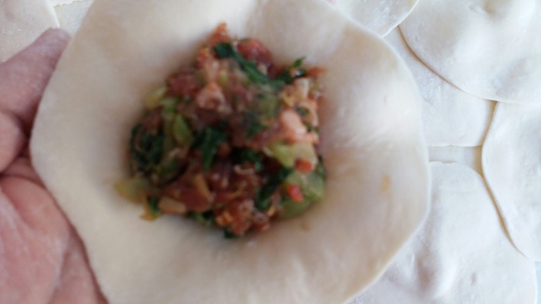 萝卜缨牛肉包子,取一个包子皮,将牛肉馅放在中间包包子