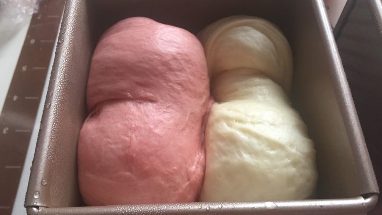双色水立方吐司面包,烤箱内进行二次发酵,底部放热水发酵半小时左右八分满模