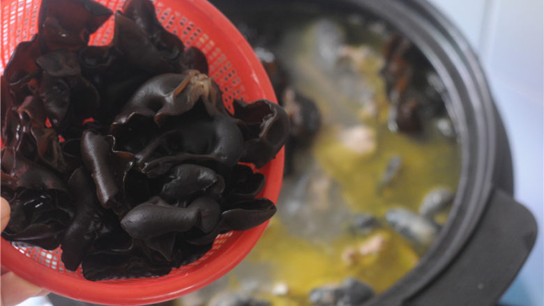 天麻木耳炖乌鸡,最后半个小时的时候,将黑木耳倒进去