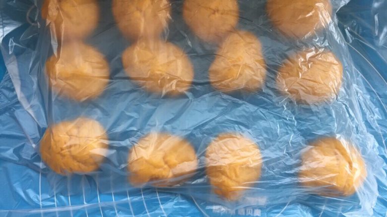麻糍豆沙南瓜餐包 ,将面团分成12个小面团,每个面团45克左右,揉圆后盖上保鲜膜松弛15分钟。