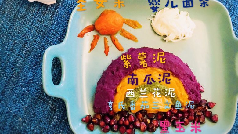 婴儿造型辅食之@@宝贝儿的彩虹桥
「6个月以上宝宝食用」,找一个漂亮的盘子,把圣女果皮剥下来,做成太阳的光线,圣女果做太阳●婴儿面条做白云,然后依次把紫薯泥,南瓜泥,西兰花泥,三文鱼泥,如图摆成彩虹状。最底下放黑玉米做大地。