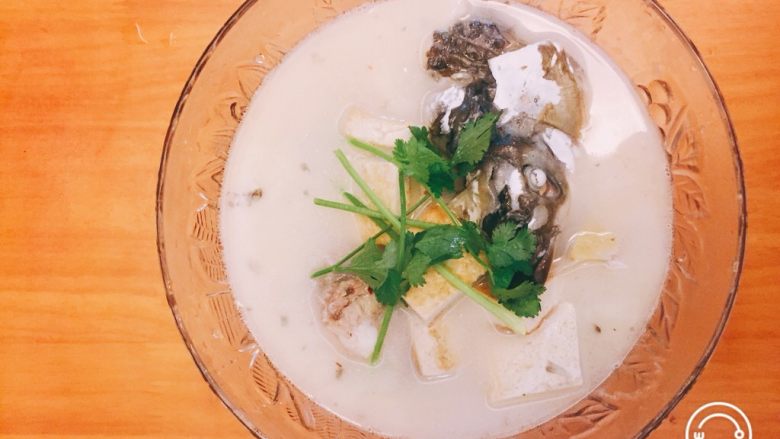 鱼头豆腐汤,撒上香菜    出锅