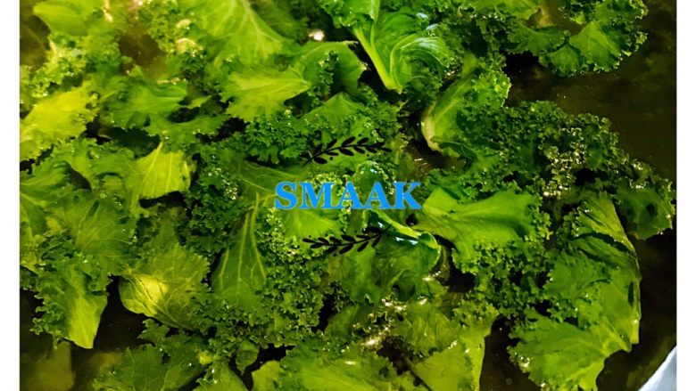 创意健康鸡肉色拉,刚才的热水不要倒,把羽衣甘蓝汤一下,即刻捞出,一样放入冷水浸泡备用。