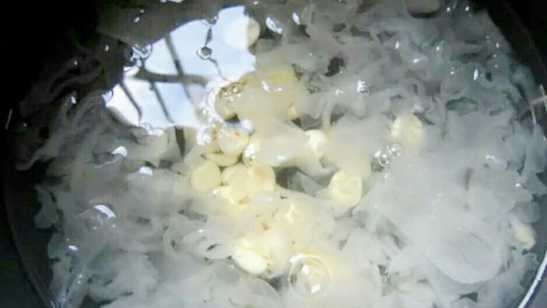 银耳桂圆枸杞莲子羹,将银耳和莲子放入电饭锅中煮1~1.30h,记住放入足量多的清水。莲子可以和银耳一起入锅。它要煮的粉粉状时间用的比较久。
待银耳煮的比较粘稠时放入桂圆,枸杞,<a style='color:red;display:inline-block;' href='/shicai/ 866'>冰糖</a>再煮半小时。
此时要用勺子不时搅动一下,避免银耳粘锅。