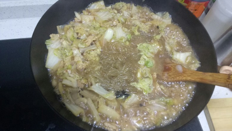 猪肉白菜炖粉条,粉条变软后,加入适量十三香、鸡精,搅拌均匀。