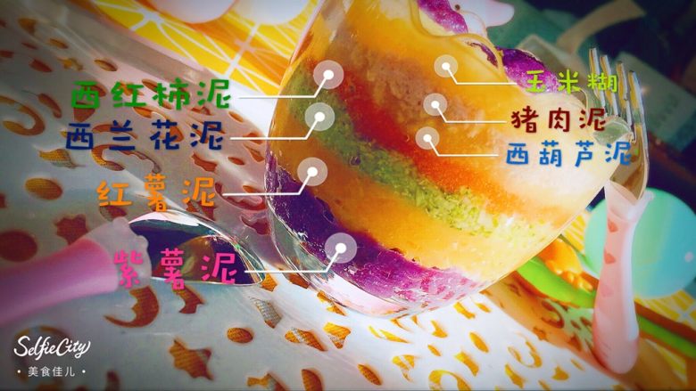 婴儿造型辅食@@「哇!好大一个彩蛋」,开始造型啦!这个超级简单,像盖被子一样,一层一层的铺进去就可以了。它们的顺序如图所示,只要是颜色搭配好看,怎么个顺序都无所谓呢。