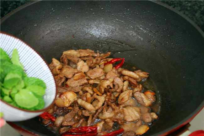 香辣薄荷炒羊肉,最后倒入<a style='color:red;display:inline-block;' href='/shicai/ 91614'>薄荷叶</a>