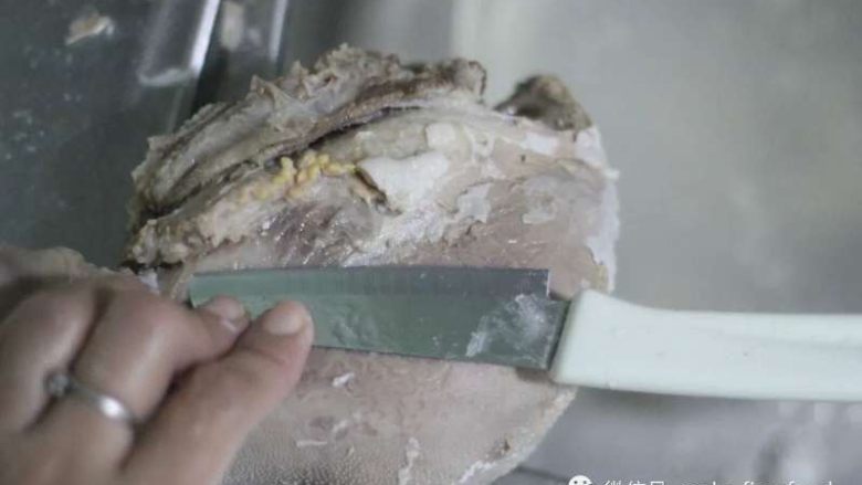 活久见 卤牛舌,小刀,相对平整的地方薄的不好撕的白皮用小刀刮比较快。